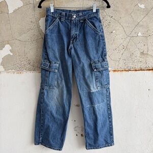 Vtg 90s Wrangler Cargo Jeans Medium Wash Baggy Wide Leg Denim Skater 25 Waist